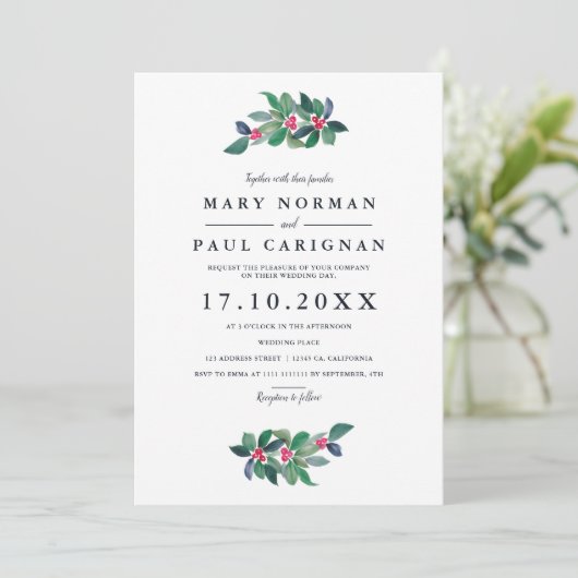 Invitation Élégant simple vert bleu hiver mariage de Noël (Debout devant)