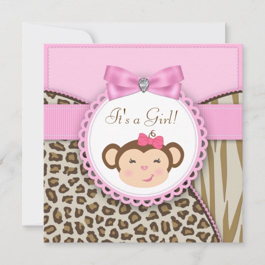 Invitation Elégant Singe Rose Baby Girl Douche (Devant)