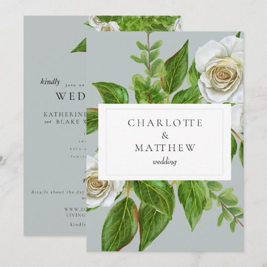Invitation Élégant Site Web de Mariage aux Roses Blanches (Devant / Derrière)