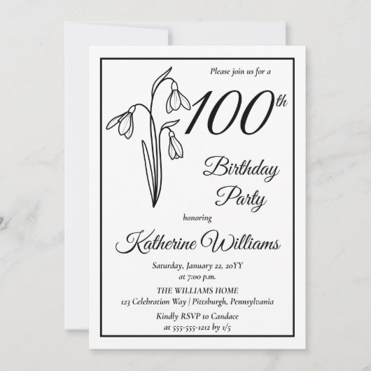 Invitation Elégant Snowdrops 100e fête d'anniversaire (Devant)