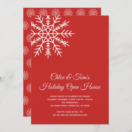 Invitation Élégant Snowflake Red Holiday Open House (Devant / Derrière)