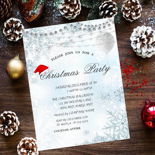 Invitation Élégant Snowflakes Bleu, Lumières, Ballons, Noël
