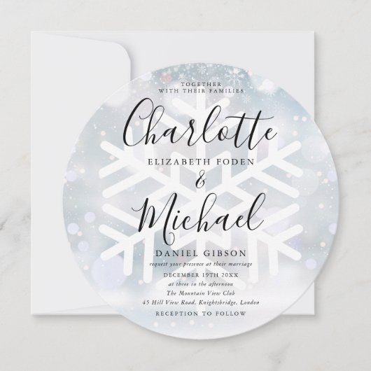 Invitation Élégant Snowflakes hiver Mariage circulaire (Devant)