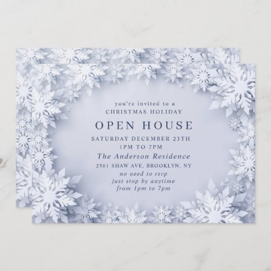 Invitation Élégant Snowflakes Noël VACANCES Open House (Devant / Derrière)