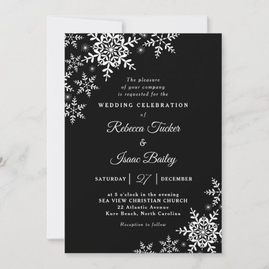 Invitation Élégant Snowflakes Plaid Black & White Mariage (Devant)