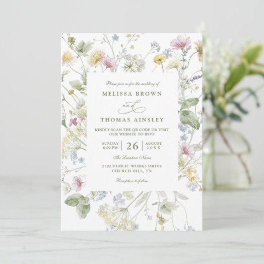 Invitation Elegant Soft Pastel Wildflower QR Code Wedding (Debout devant)
