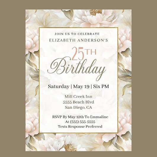 Invitation Elegant Soft Pink Ivory Peony 25th Birthday 