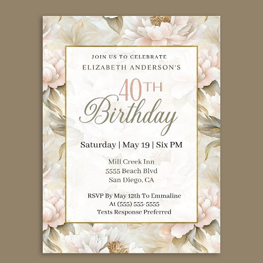 Invitation Elegant Soft Pink Ivory Peony 40th Birthday 