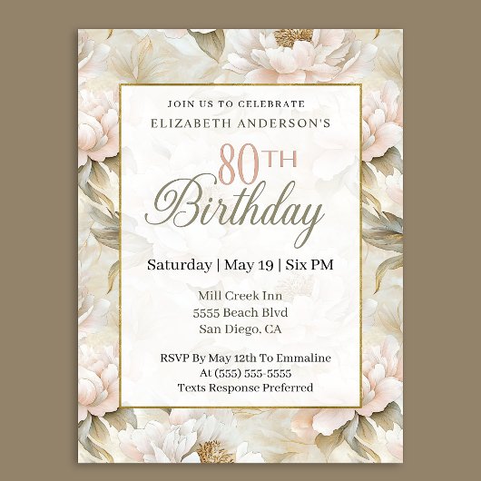 Invitation Elegant Soft Pink Ivory Peony 80th Birthday