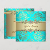 Invitation Élégant Soirée Damassé Or et Turquoise (Devant / Derrière)