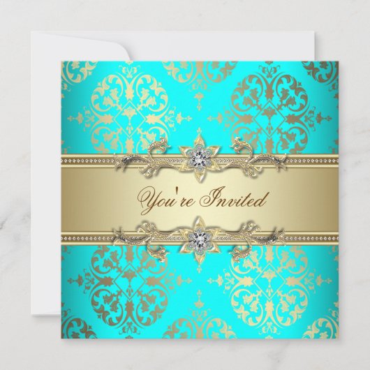 Invitation Élégant Soirée Damassé Or et Turquoise (Devant)