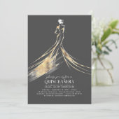 Invitation Elégant Sophisticated Gold et Grey QUINCEAÑERA (Debout devant)