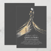 Invitation Elégant Sophisticated Gold et Grey QUINCEAÑERA (Devant / Derrière)