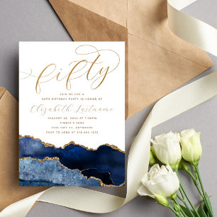 Invitation Élégant Sophistiqué Or Bleu Marine 50e Anniversair