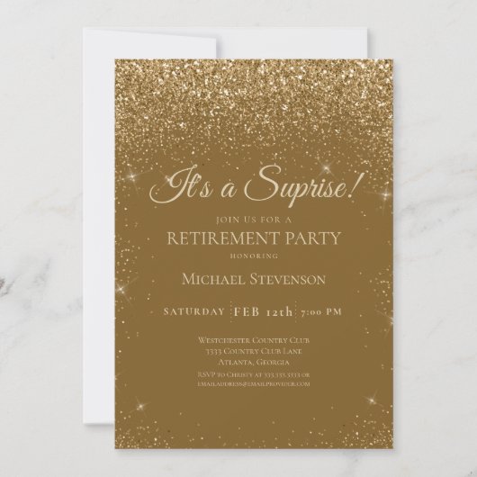 Invitation Élégant Sparkle Gold Surprise Retraite Party (Devant)