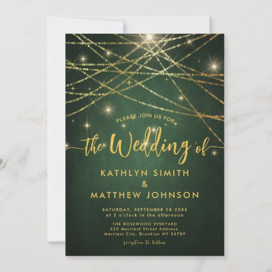 Invitation Élégant Sparkling Gold String Lumières Mariage ver (Devant)