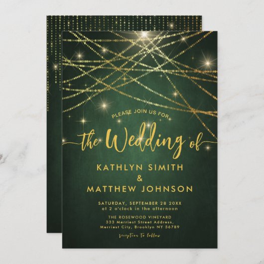 Invitation Élégant Sparkling Gold String Lumières Mariage ver (Devant / Derrière)