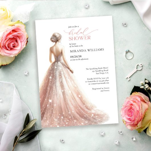 Invitation Elegant Sparkling Pink Bride Dress Bridal Shower