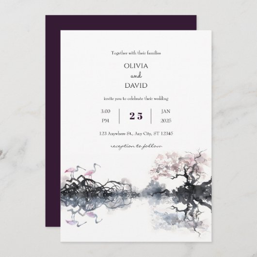 Invitation Elégant Spoonbill Couple Watercolor Plage Mariage (Devant / Derrière)