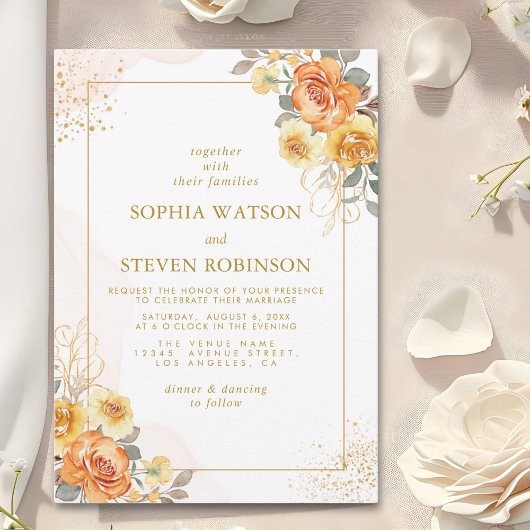 Invitation Elegant spring orange flowers with Golden tones