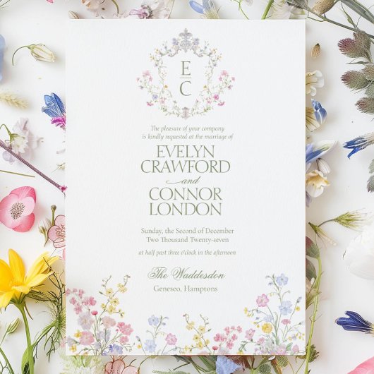 Invitation Elegant Spring Summer Wildflowers Crest Wedding