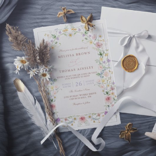 Invitation Elegant Spring Wildflower Meadow QR Code Wedding