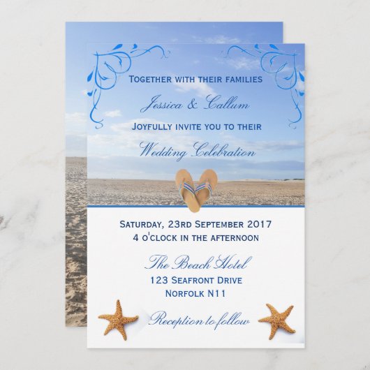 Invitation Elégant Starfish & Flip Flops Plage Mariage (Devant / Derrière)