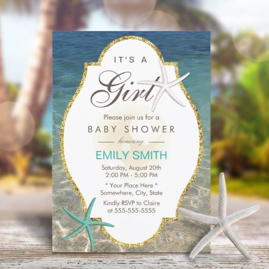 Invitation Elégant Starfish Tropical Beach Girl Baby shower