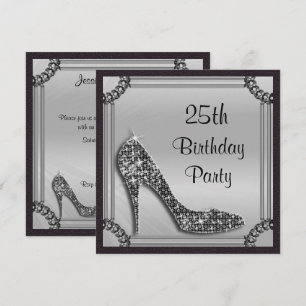 Invitation Élégant Stiletto Noir Cadre Argent 25e Anniversair