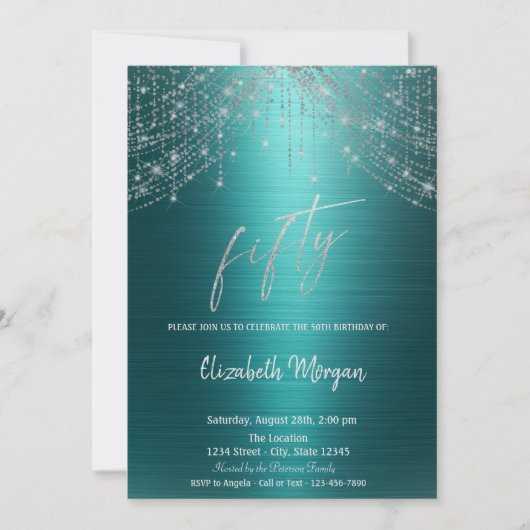 Invitation Elegant String Lights Green Metallic 50th (Devant)