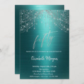 Invitation Elegant String Lights Green Metallic 50th (Devant / Derrière)