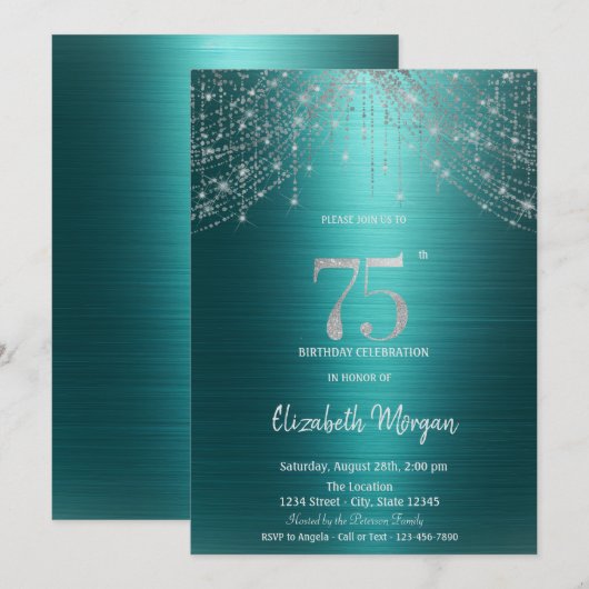 Invitation Elegant String Lights Green Metallic 75th Birthday (Devant / Derrière)