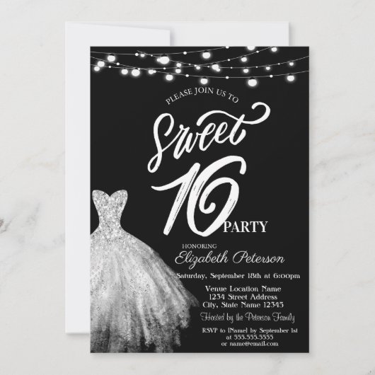 Invitation Élégant String Lights Robe Black Sweet 16 (Devant)