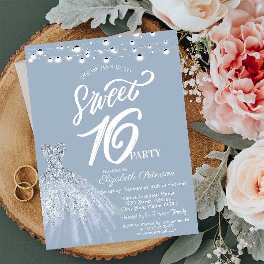 Invitation Élégant String Lights Robe Dusty Blue Sweet 16