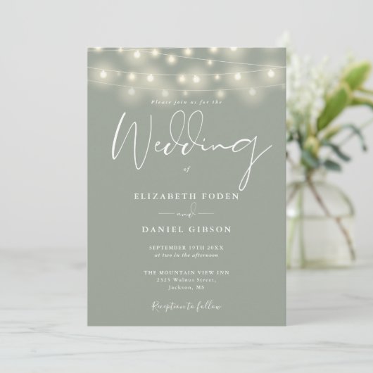 Invitation Elegant String Lights Sage Green Wedding (Debout devant)