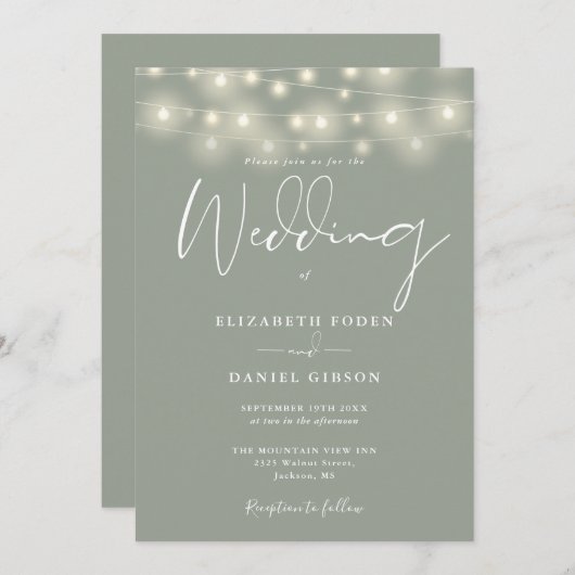 Invitation Elegant String Lights Sage Green Wedding (Devant / Derrière)