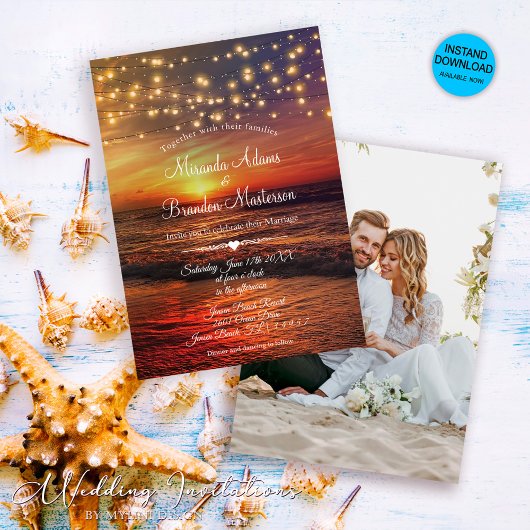 Invitation Élégant String Lumières Photo Summer Beach Mariage