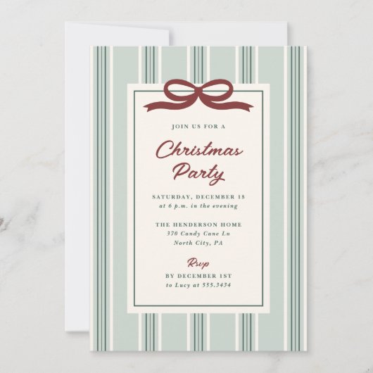 Invitation Elegant Stripes and Bow Christmas Holiday Party (Devant)