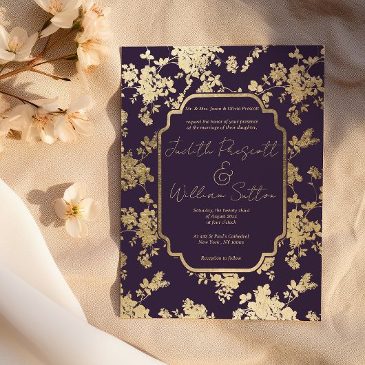 Invitation Elegant Style Dark Purple Gold Floral Wedding