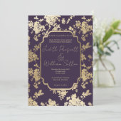 Invitation Elegant Style Dark Purple Gold Floral Wedding (Debout devant)