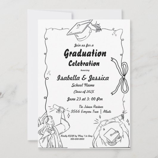 Invitation Élégant style Doodle Main Drawn Twin Graduation (Devant)