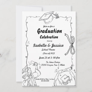Invitation Élégant style Doodle Main Drawn Twin Graduation