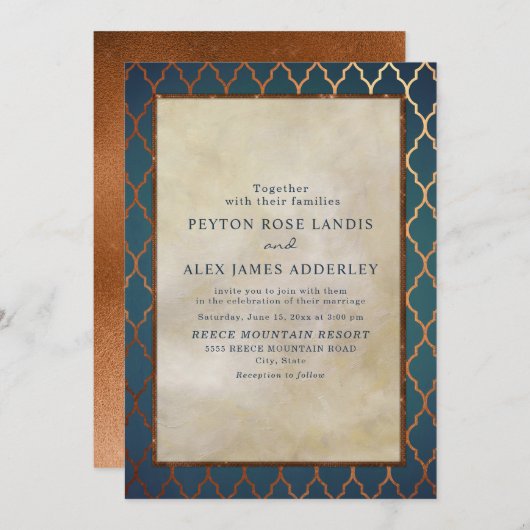 Invitation Elégant Style Gold Turquoise Cuivre Mariage Invita (Devant / Derrière)