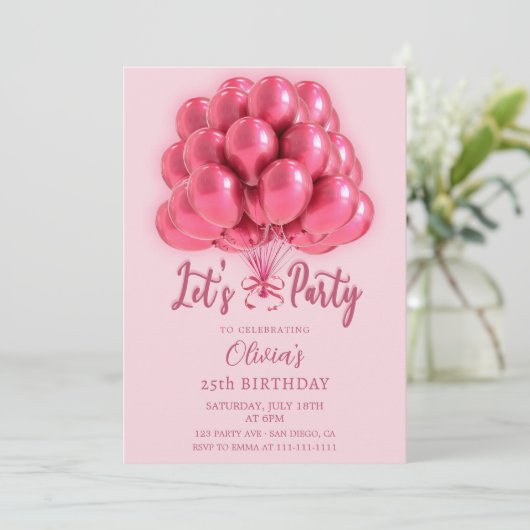 Invitation Elegant Stylish Pink Balloons Birthday (Debout devant)