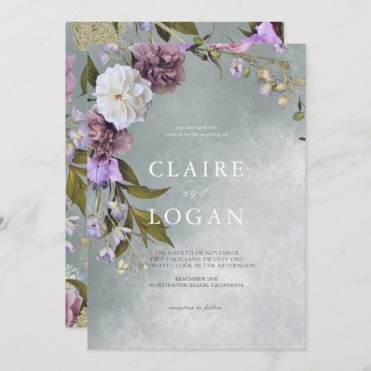 Invitation Élégant subtil Mariage floral vert (Devant / Derrière)