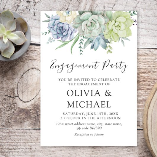Invitation Elégant Succulent Green Engagement Party