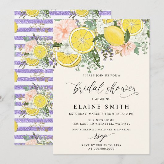 Invitation Elegant Summer Lemon Lime Citrus Bridal Shower  (Devant / Derrière)