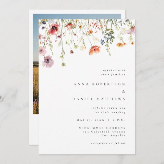 Invitation Elegant Summer Wildflower QR Code Photo Wedding (Devant / Derrière)