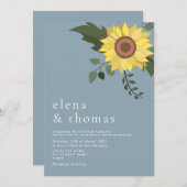 Invitation Elégant Sunflower Dusty Mariage bleu (Devant / Derrière)
