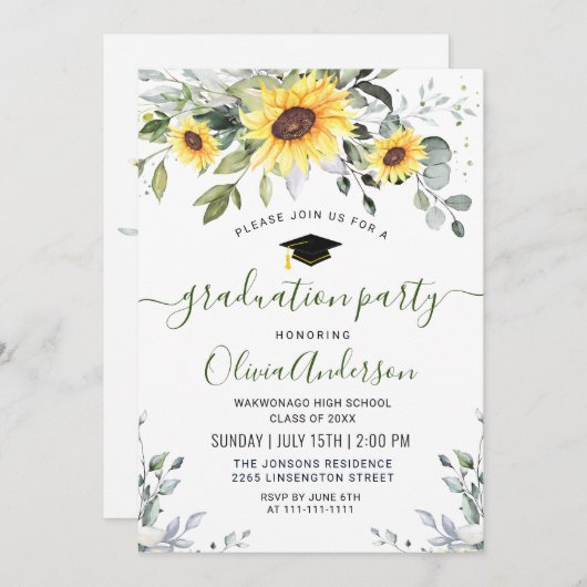 Invitation Élégant Sunflower Eucalyptus Graduation Party (Devant / Derrière)
